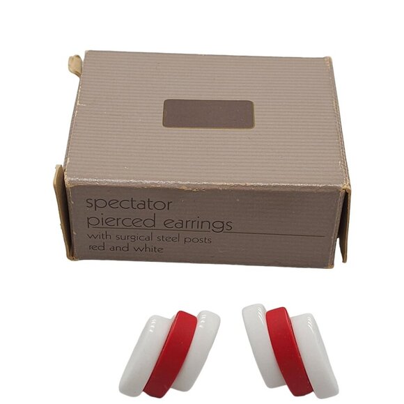 Vintage 1986 Avon Red White Spectator Lucite Beaded Earrings - Picture 1 of 5